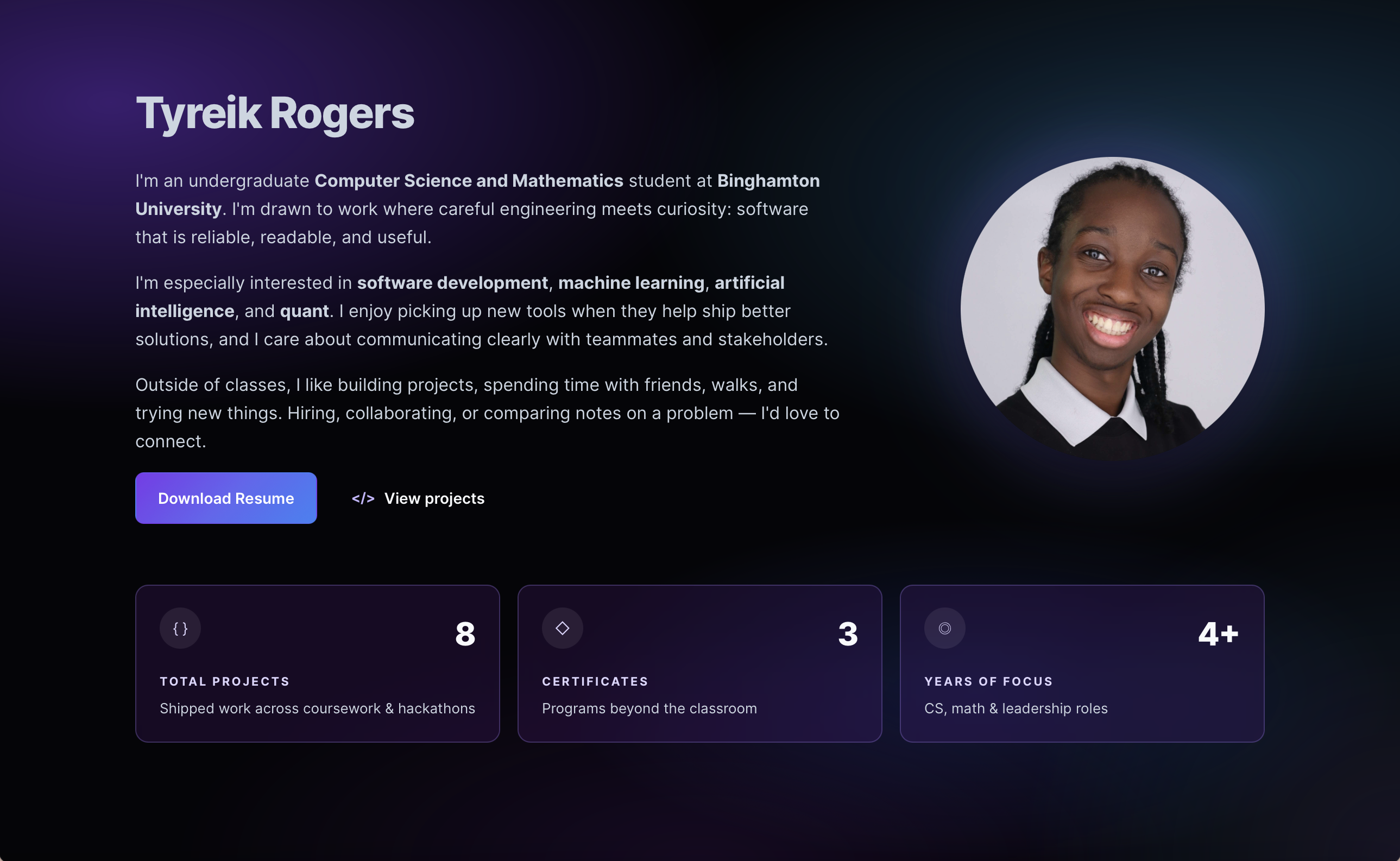 Personal portfolio hero: bio, profile photo, and stat highlights on a dark gradient